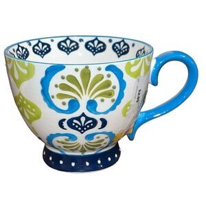 Coffee Mug Tea Cup Large 15 oz Footed Blue White Green Stonewear Raised Dots